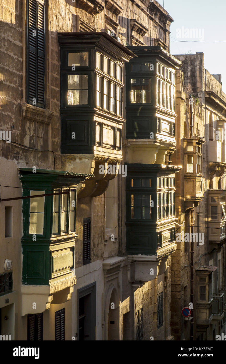 Street scene with Gallarija, typical wooden balcony in Valletta, european capital of culture in 2018, Malta, Europe Stock Photo