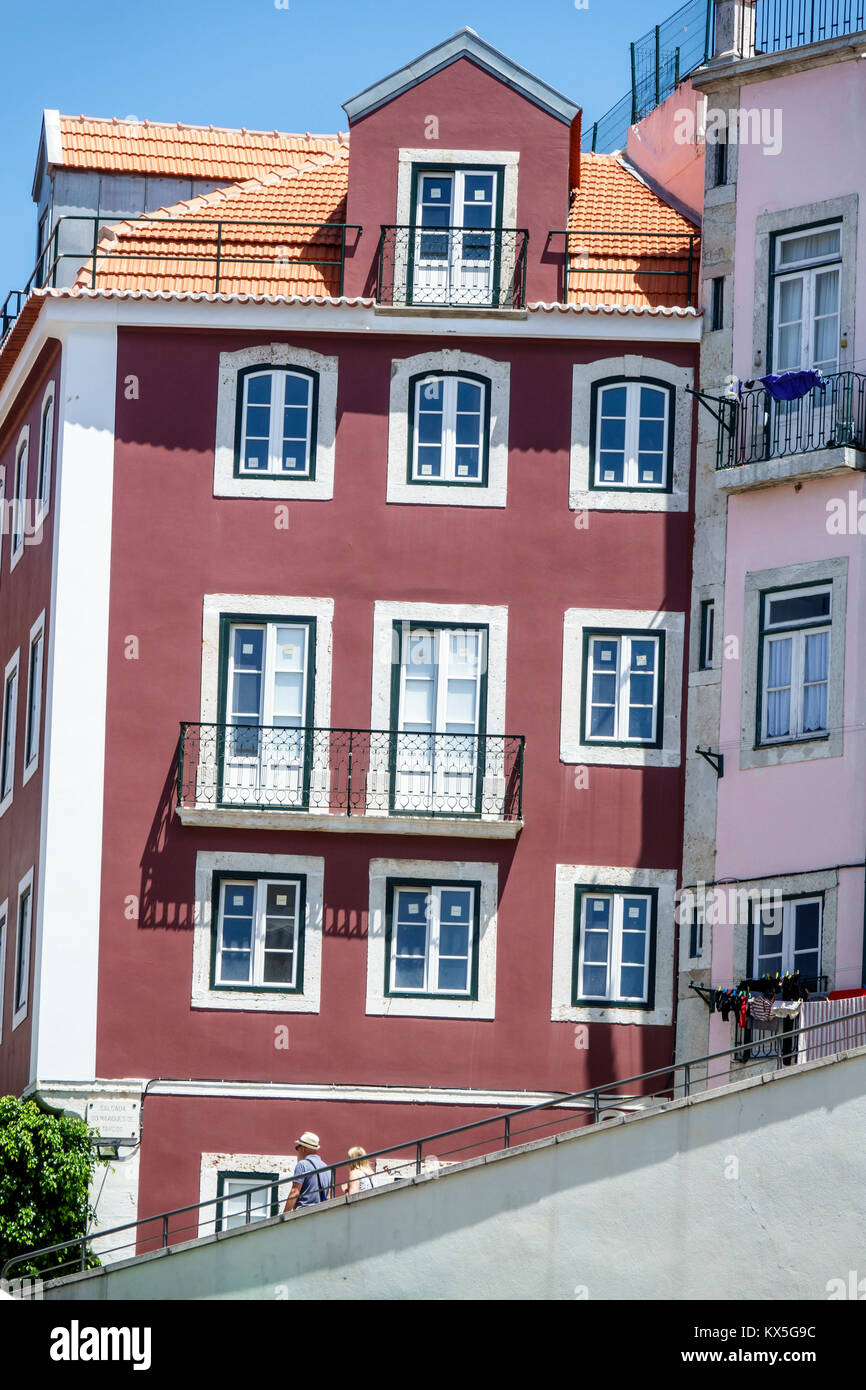 Lisbon Portugal,Baixa-Chiado,historic center,Pombaline downtown,building,balcony,Hispanic Latin Latino ethnic minority,immigrant immigrants,visitors t Stock Photo
