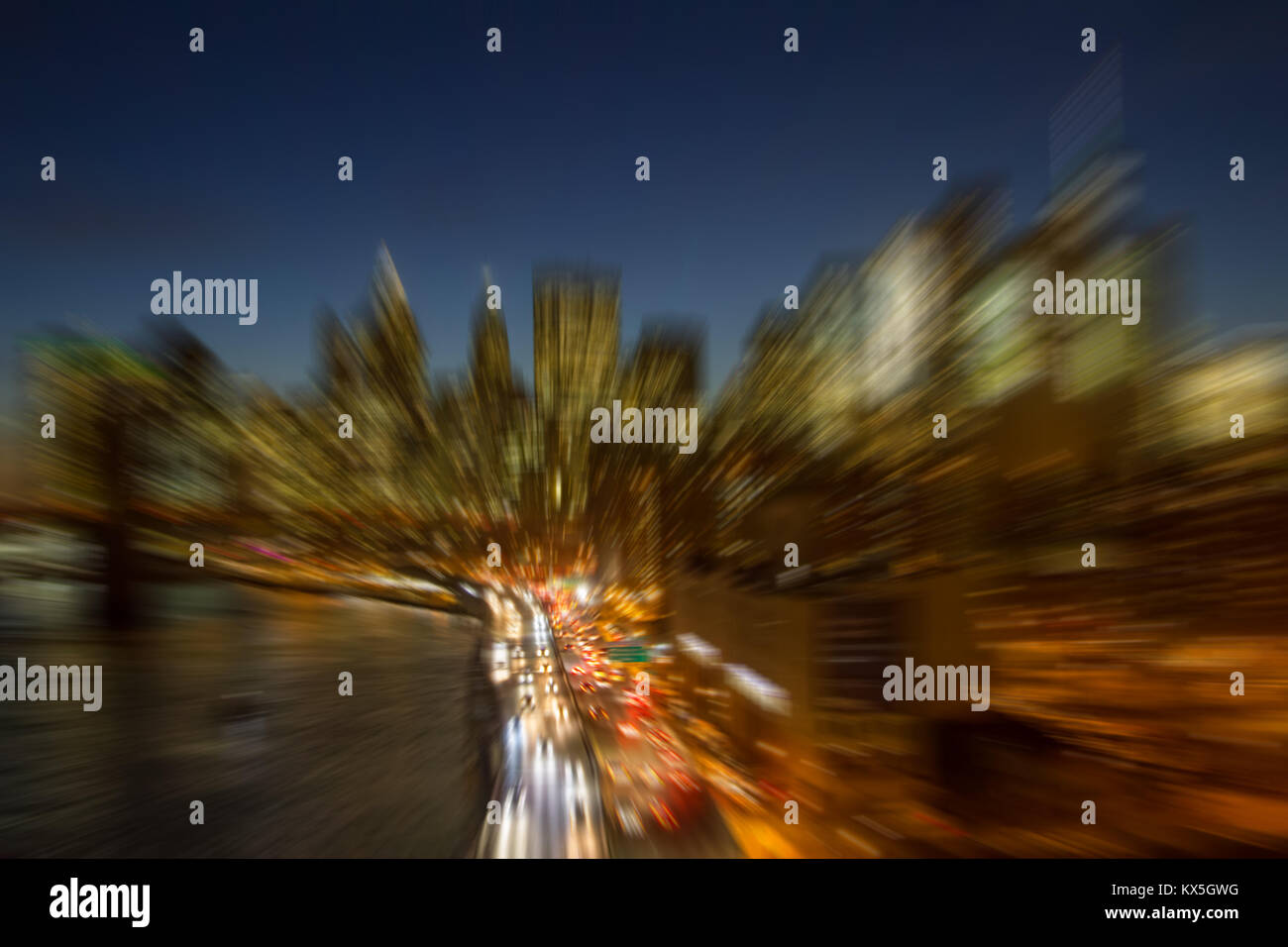 New York City skyline night lights blurred background Stock Photo - Alamy