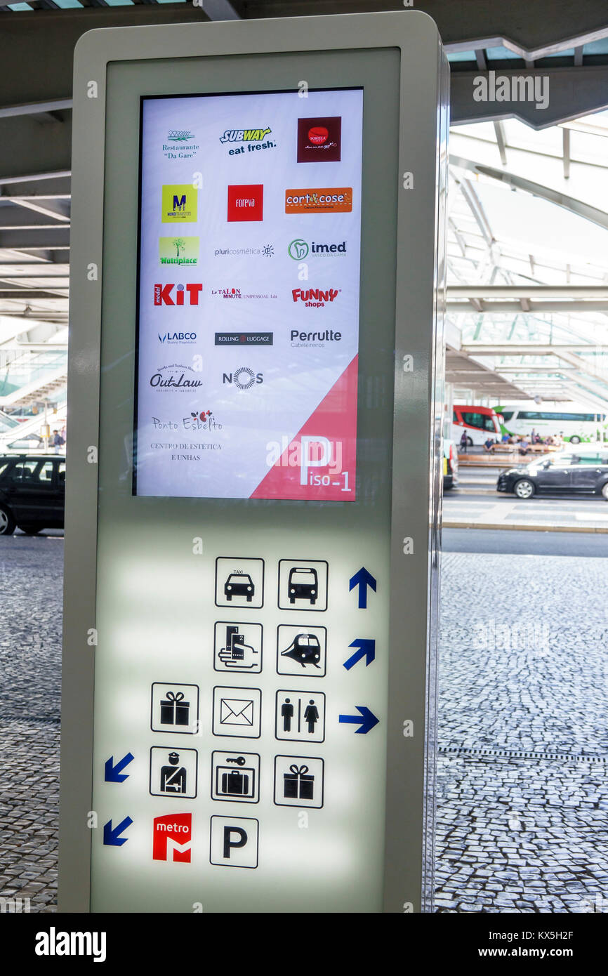 Lisbon Portugal,Oriente,Gare do Oriente,intermodal hub,transportation,station,sign,directions,ISO graphical symbols,Hispanic,immigrant immigrants,Port Stock Photo