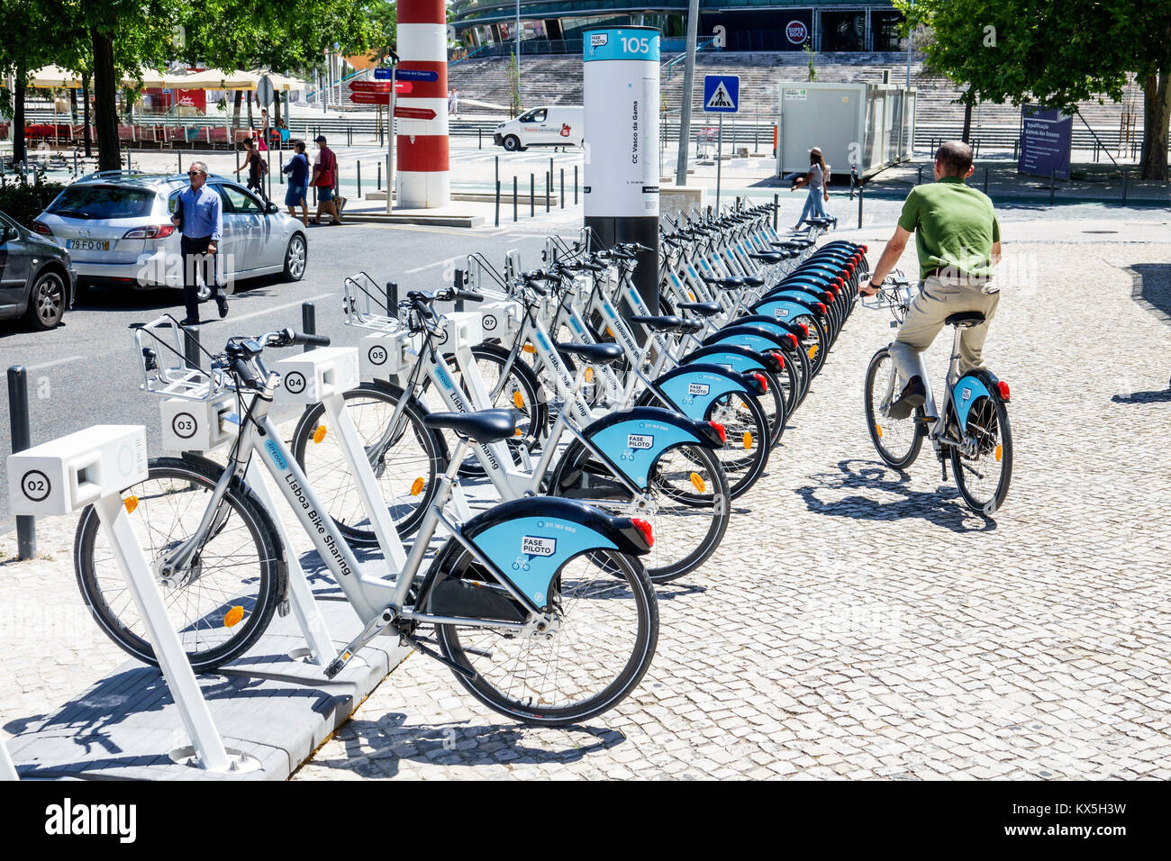 Lisbon Portugal,Oriente,Parque das Nacoes,Park of the Nations,bike share system,bicycle bicycles bicycling riding biking rider riders bike bikes,stati Stock Photo