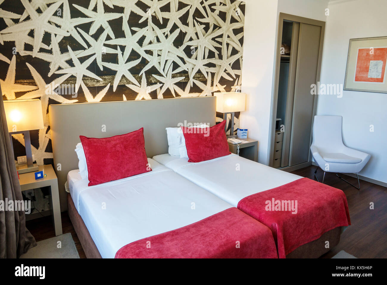 Lisbon Portugal,Oriente,TRYP Lisboa Oriente Hotel,guest room,bed,wall mural,Hispanic,immigrant immigrants,Portuguese,PT170712119 Stock Photo