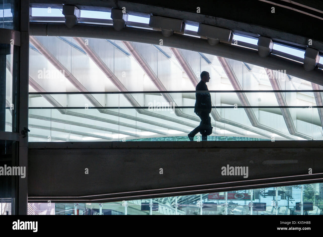 Lisbon Portugal,Oriente,Gare do Oriente,intermodal hub,transportation,station,Santiago Calatrava,modern architecture,pedestrian bridge,man men male,wa Stock Photo