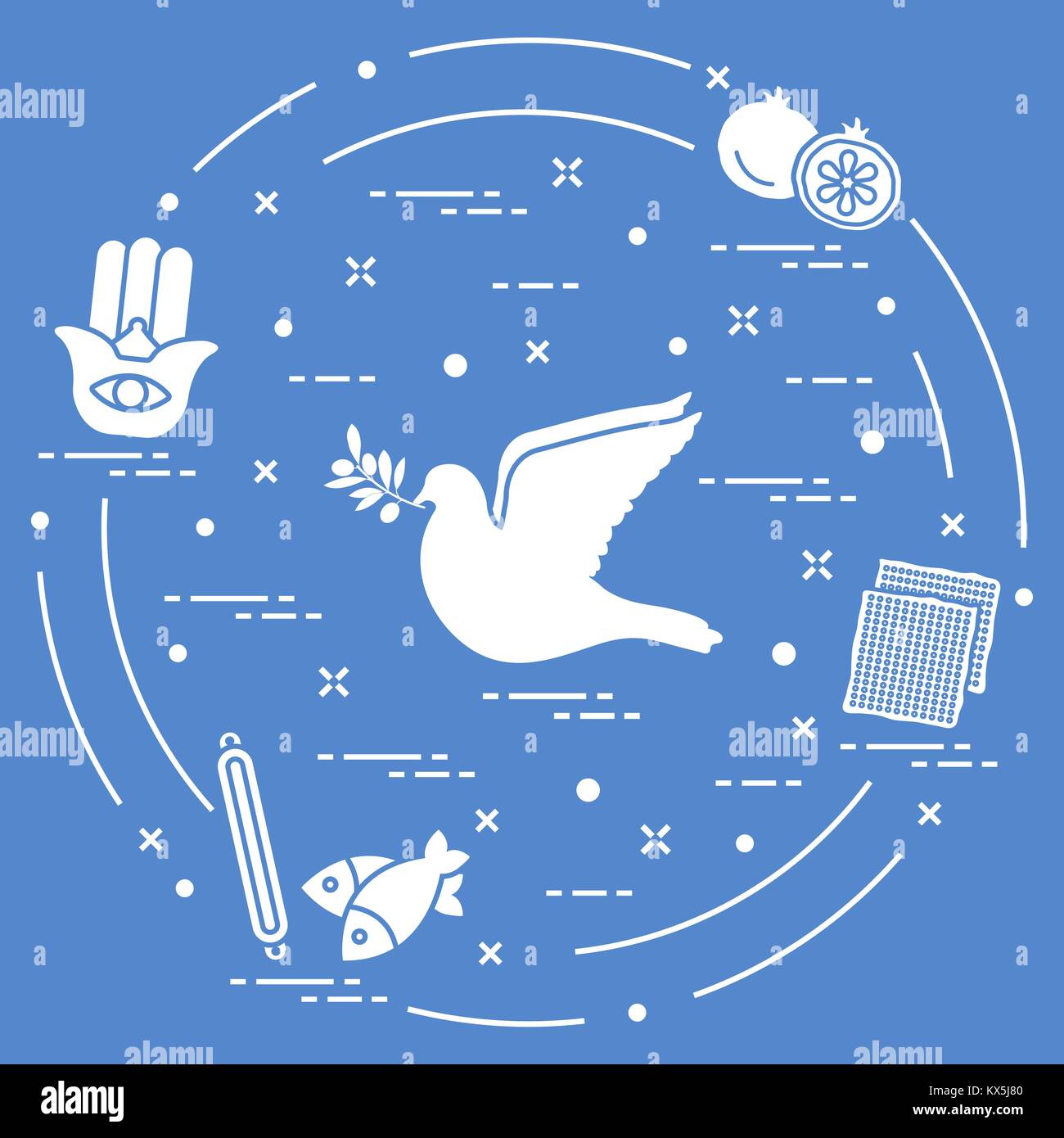 Jewish symbols dove, olive branch, pomegranate, matzah, fish, hamsa
