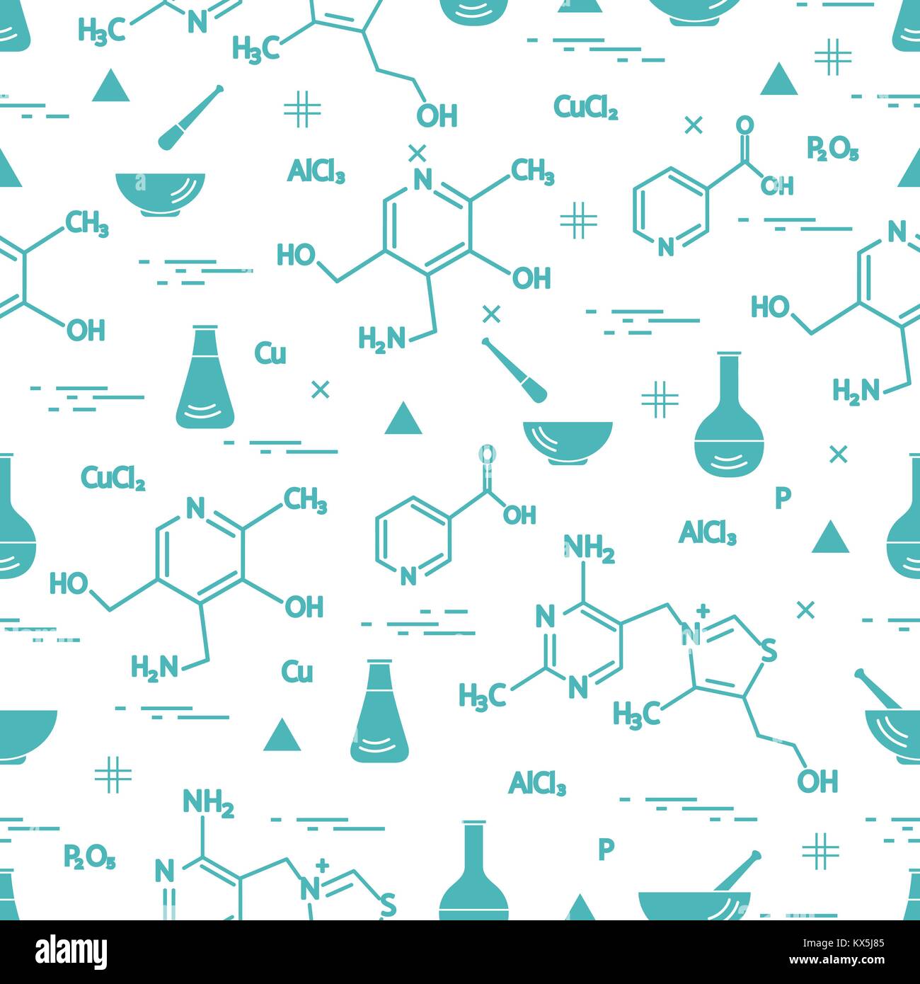 Seamless pattern with variety scientific, education elements: flask, formula, pestle and other. Design for banner, poster or print. Stock Vector