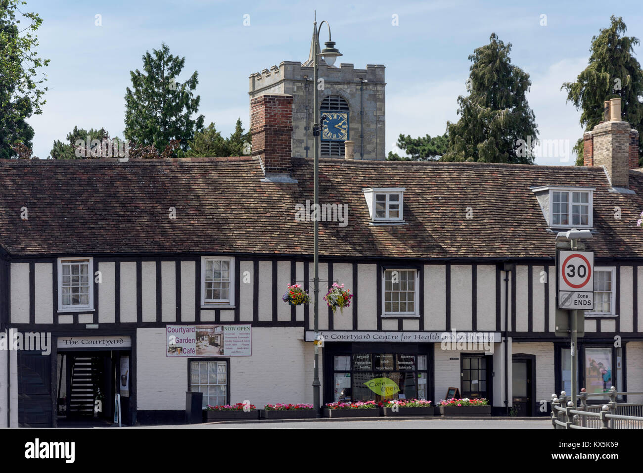 Timber-framed Courtyard showing St.Andrew's Church, High Street, Biggleswade, Bedfordshire, England, United Kingdom Stock Photo
