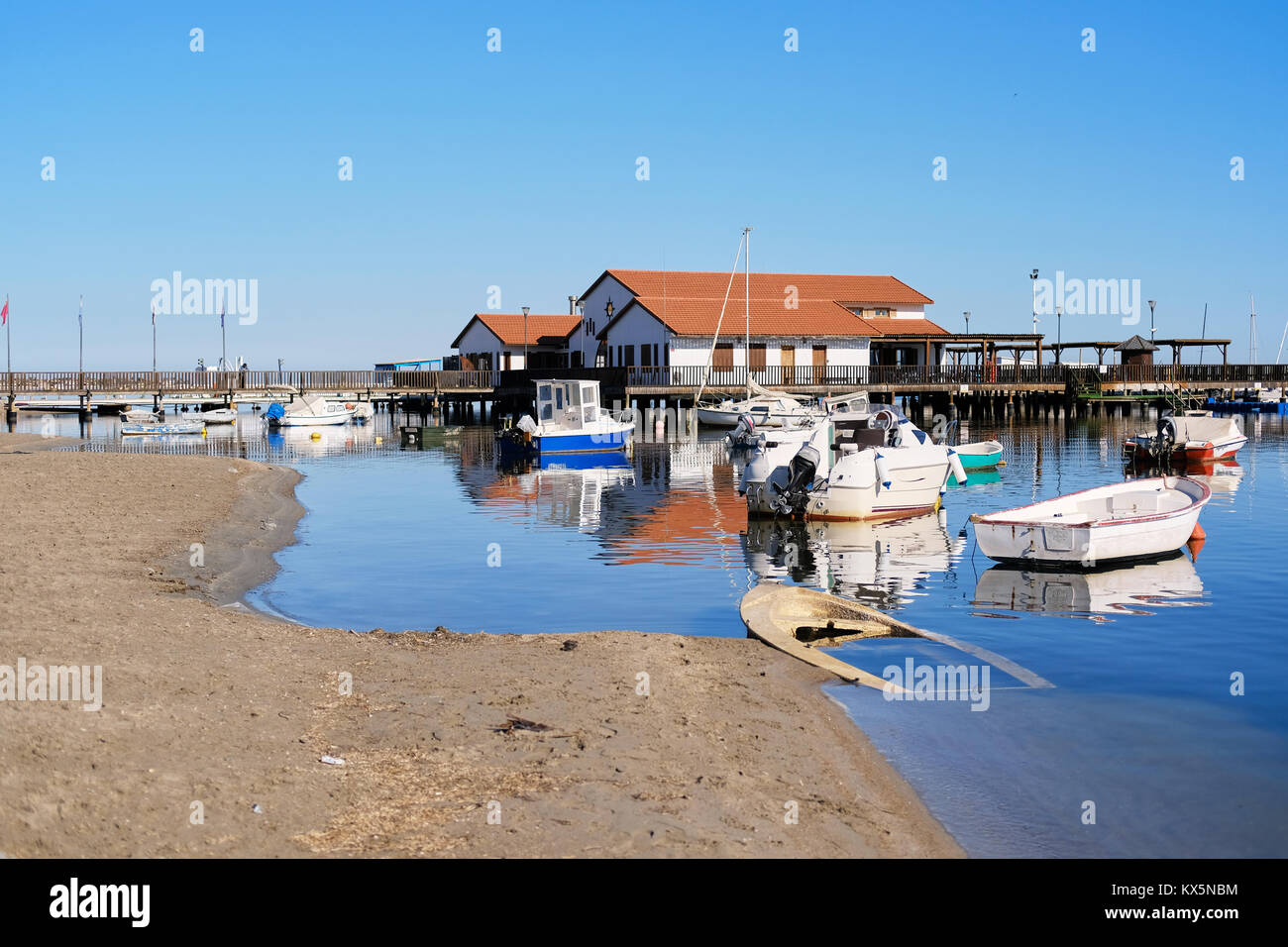 Los Alcazares beach and harbor. Fishing village on the western side of the Mar Menor in the autonomous community and province of Murcia, southeastern  Stock Photo