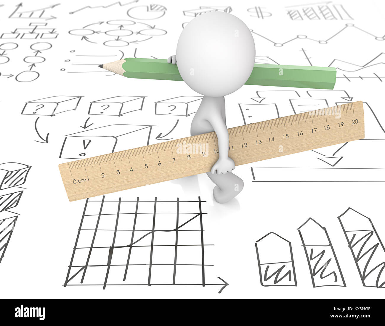 Dude 3D character carrying large wooden Ruler and green Pencil. Sketches with business charts graphs.  3d Render. Stock Photo