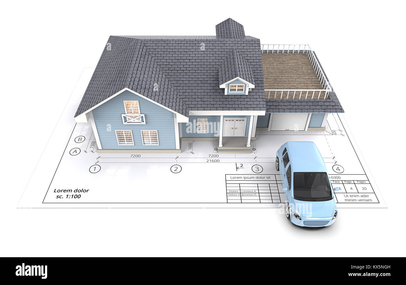 Blue Generic Car and House with Light from windows ontop of Blueprint. Top View. 3D render. Stock Photo