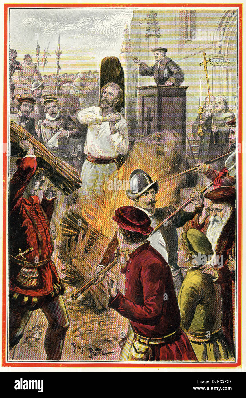 Halftone image of Bishop Hooper being burned at the stake for heresy on the orders of Mary Queen of England. From an original in Foxe's Book of Martyrs by Berry circa 1912 Stock Photo