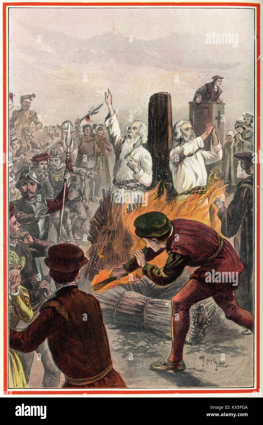 Halftone image of Ridley and Latimer being burned at the stake for heresy on the orders of Mary Queen of England. From an original in Foxe's Book of Martyrs by Berry circa 1912 Stock Photo