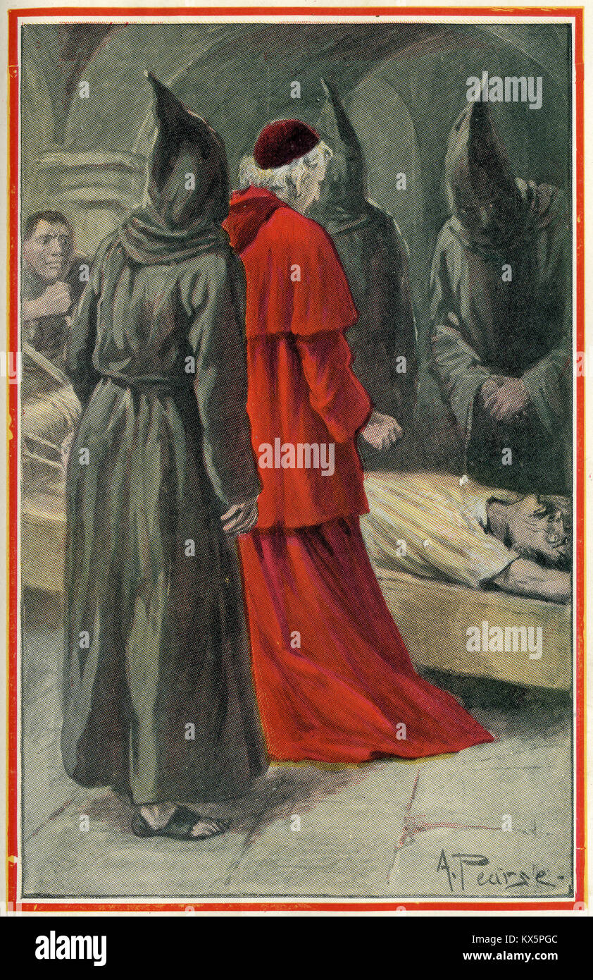 Halftone image of Domincan friars torturing a person on the rack. From an original in Foxe's Book of Martyrs by Berry circa 1912 Stock Photo