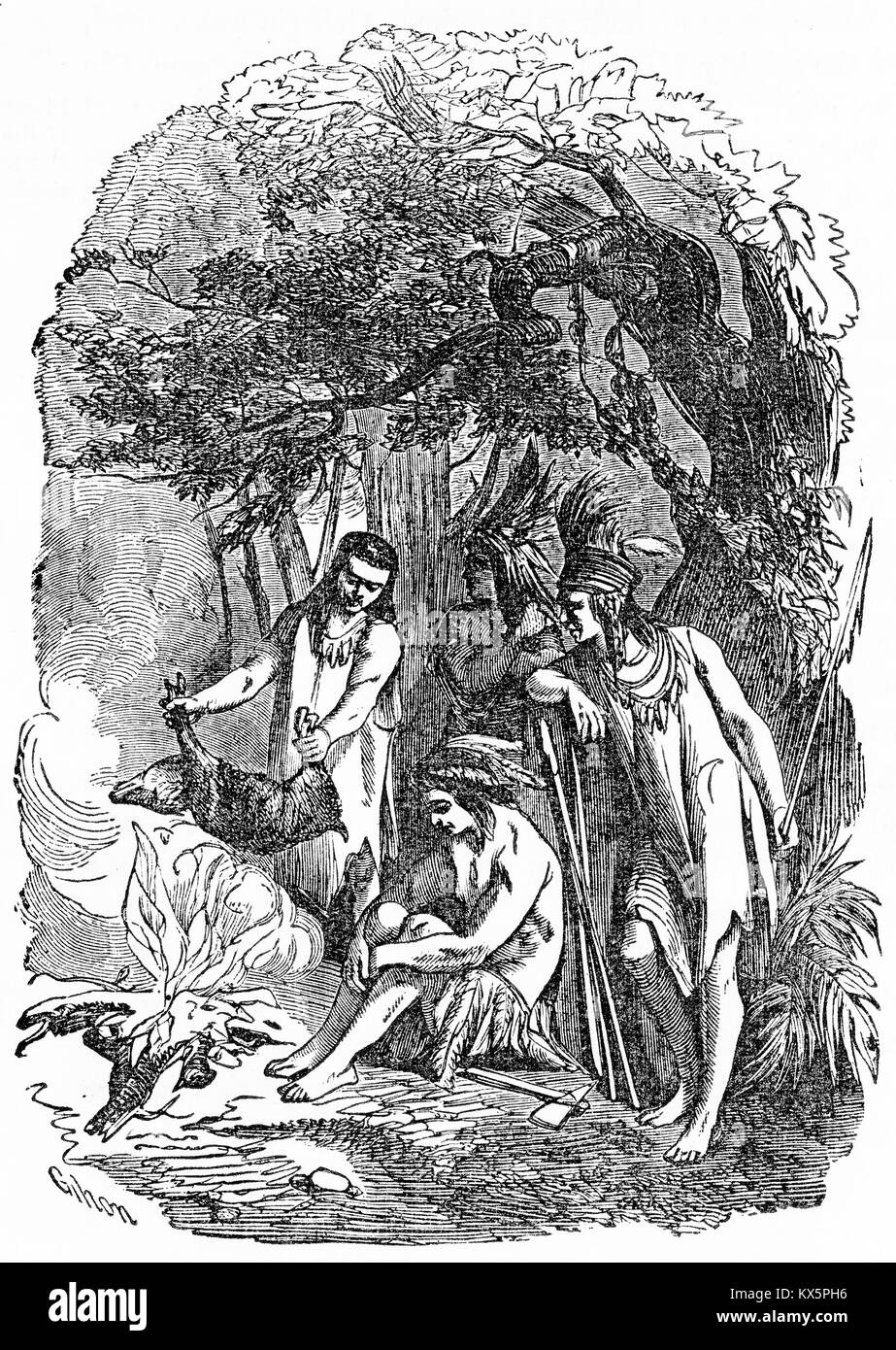 Engraving of native Americans cooking a meal, supposedly in the days before Europeans arrived. From A New History of the USA, by John Lord, 1859. Stock Photo