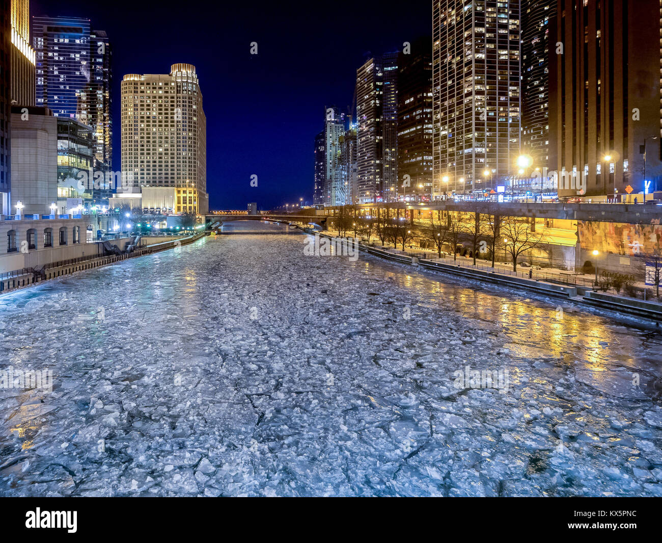 Frozen ice on the Chicago River during the coldest perios for over 100