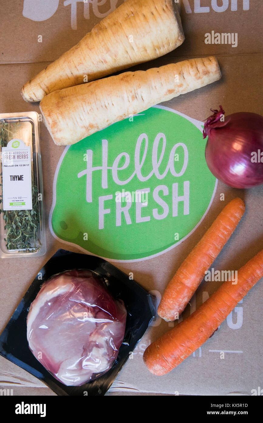 The contents of a HelloFresh meal delivery kit as seen on January 3, 2018. Stock Photo