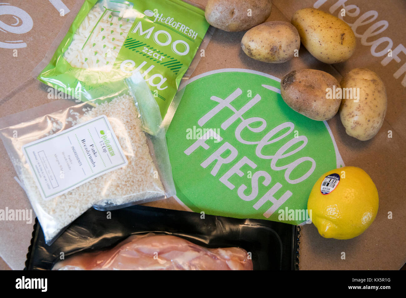 The contents of a HelloFresh meal delivery kit as seen on January 3, 2018. Stock Photo