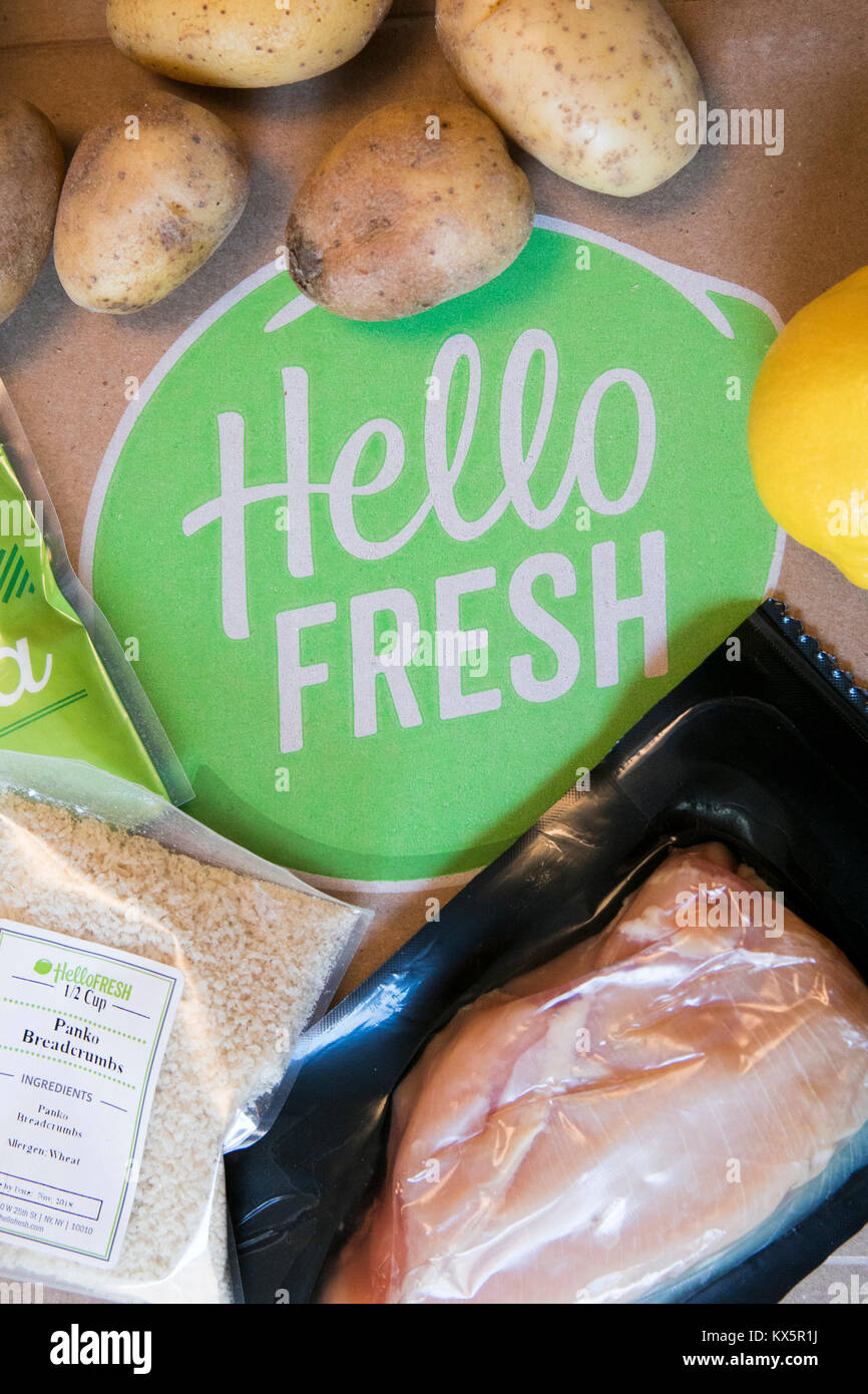 The contents of a HelloFresh meal delivery kit as seen on January 3, 2018. Stock Photo