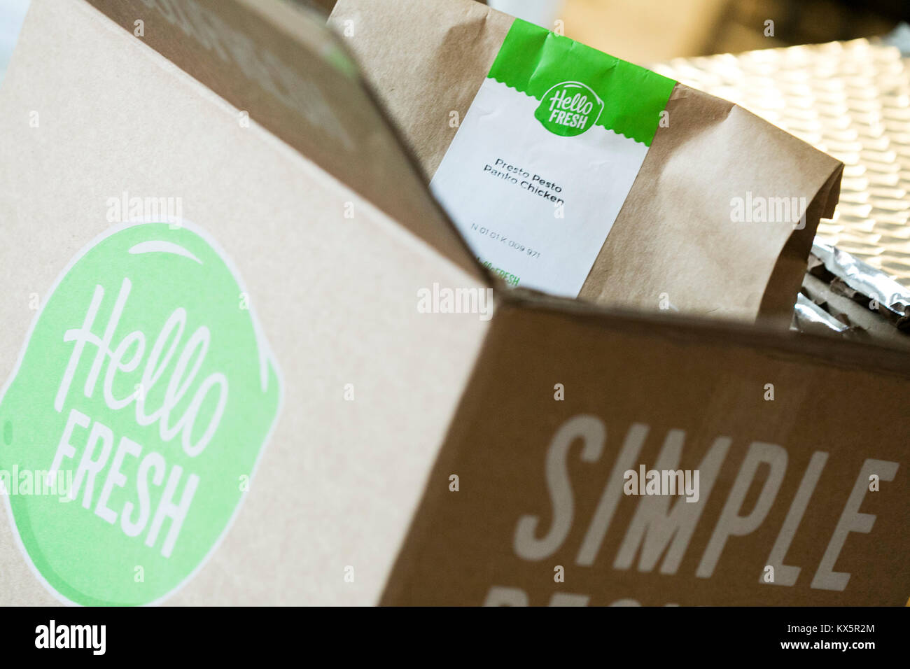 The contents of a HelloFresh meal delivery kit as seen on January 3, 2018. Stock Photo