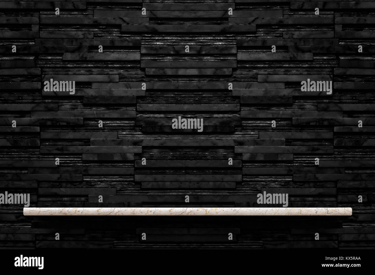 Empty marble stone shelf at black layer marble tile wall background