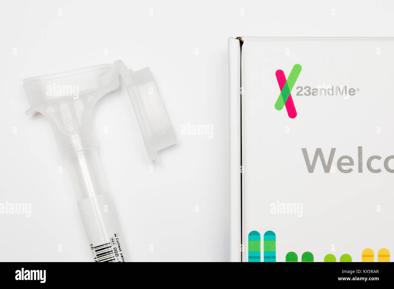 The contents of a 23andMe genetic testing kit as seen on January 3, 2018. Stock Photo