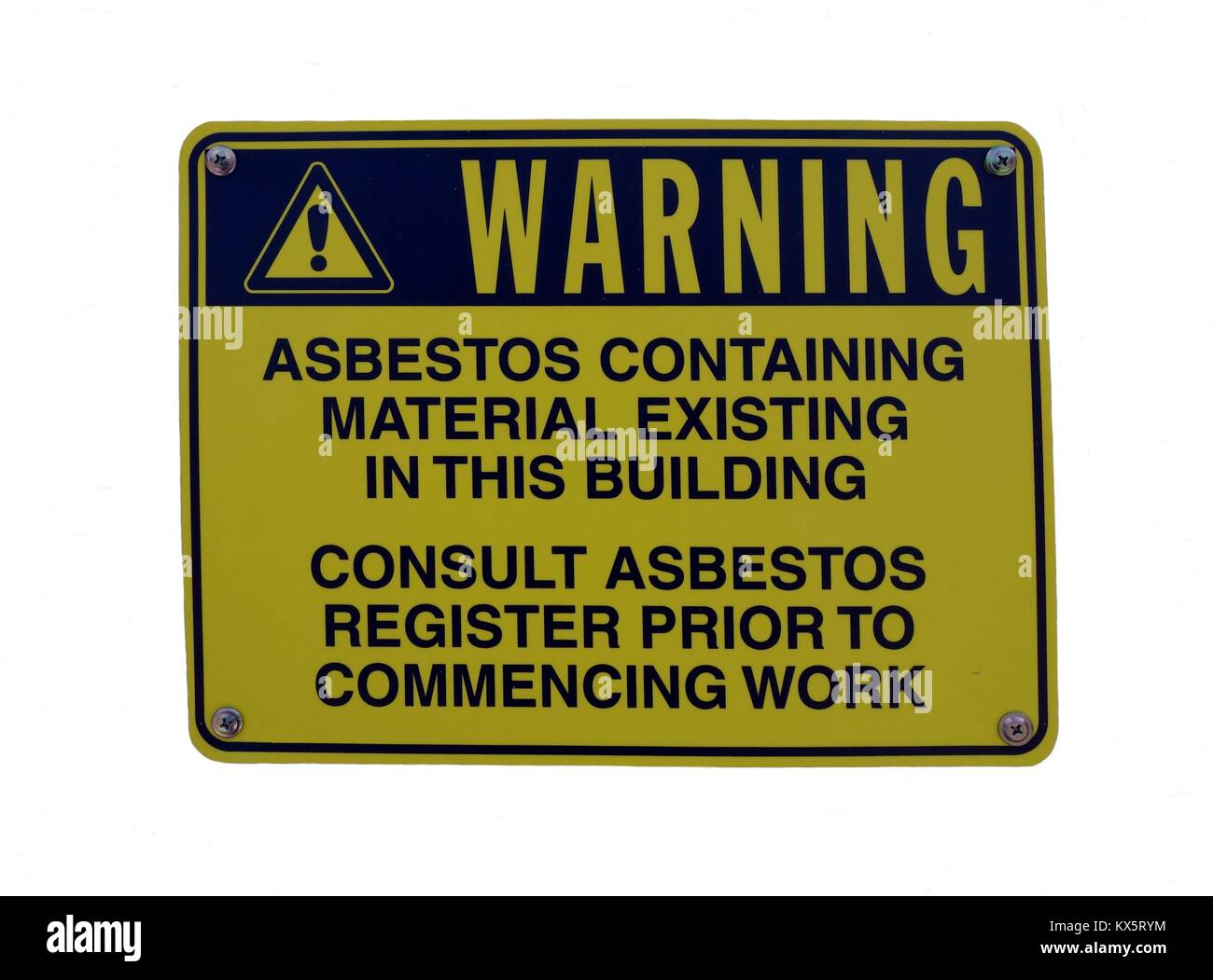 A warning sign on a building advising that materials contain asbestos Stock Photo