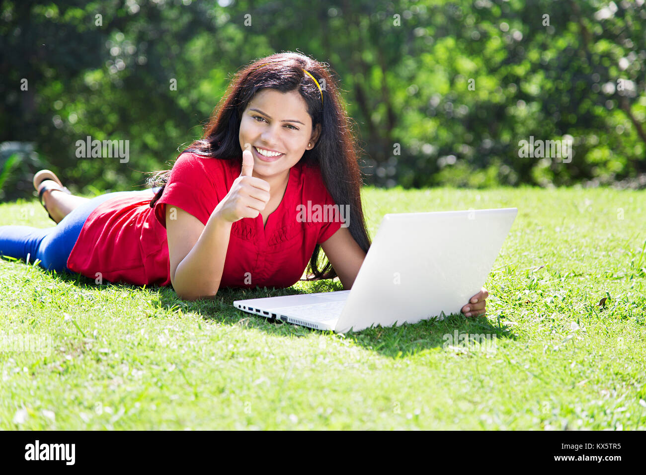 3 Indian College Students Laptop Studying Education Learning Thumbsup Park Stock Photo