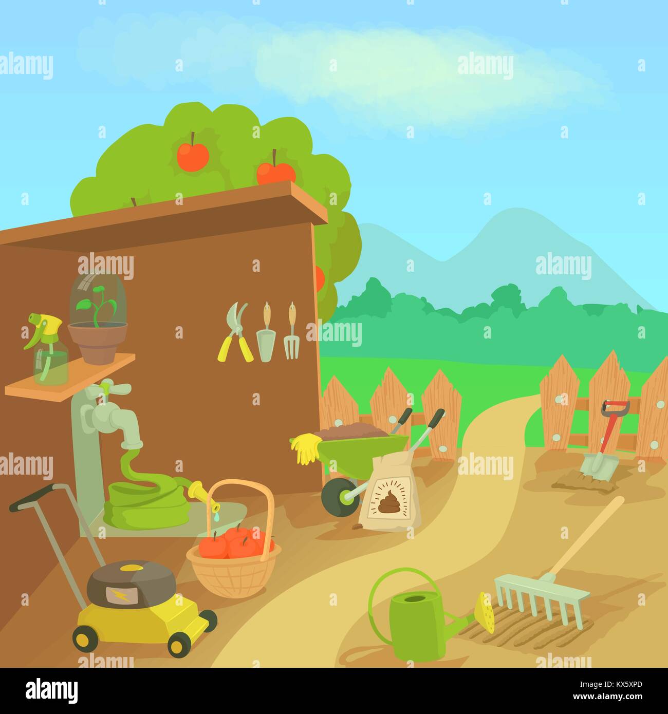 Gardening tools landscape concept, cartoon style Stock Vector Image ...