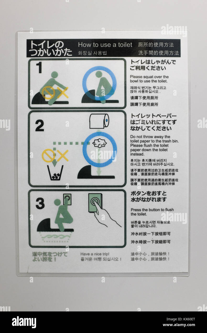 A sign in Japan explaining to overseas tourists how to use a squat toilet. Stock Photo