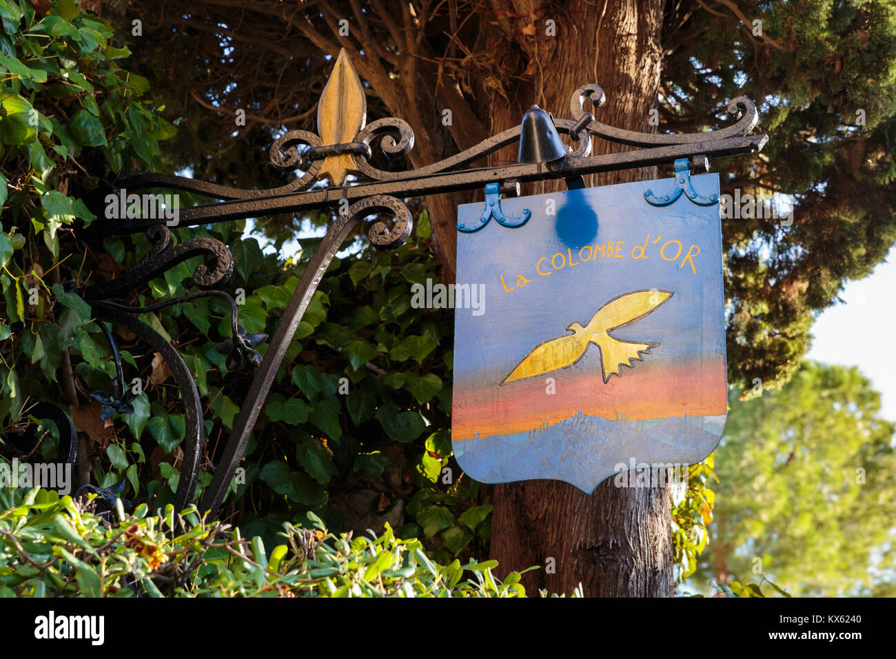 La Colombe d'Or restaurant and hotel sign in, Saint Paul de Vence, France Stock Photo