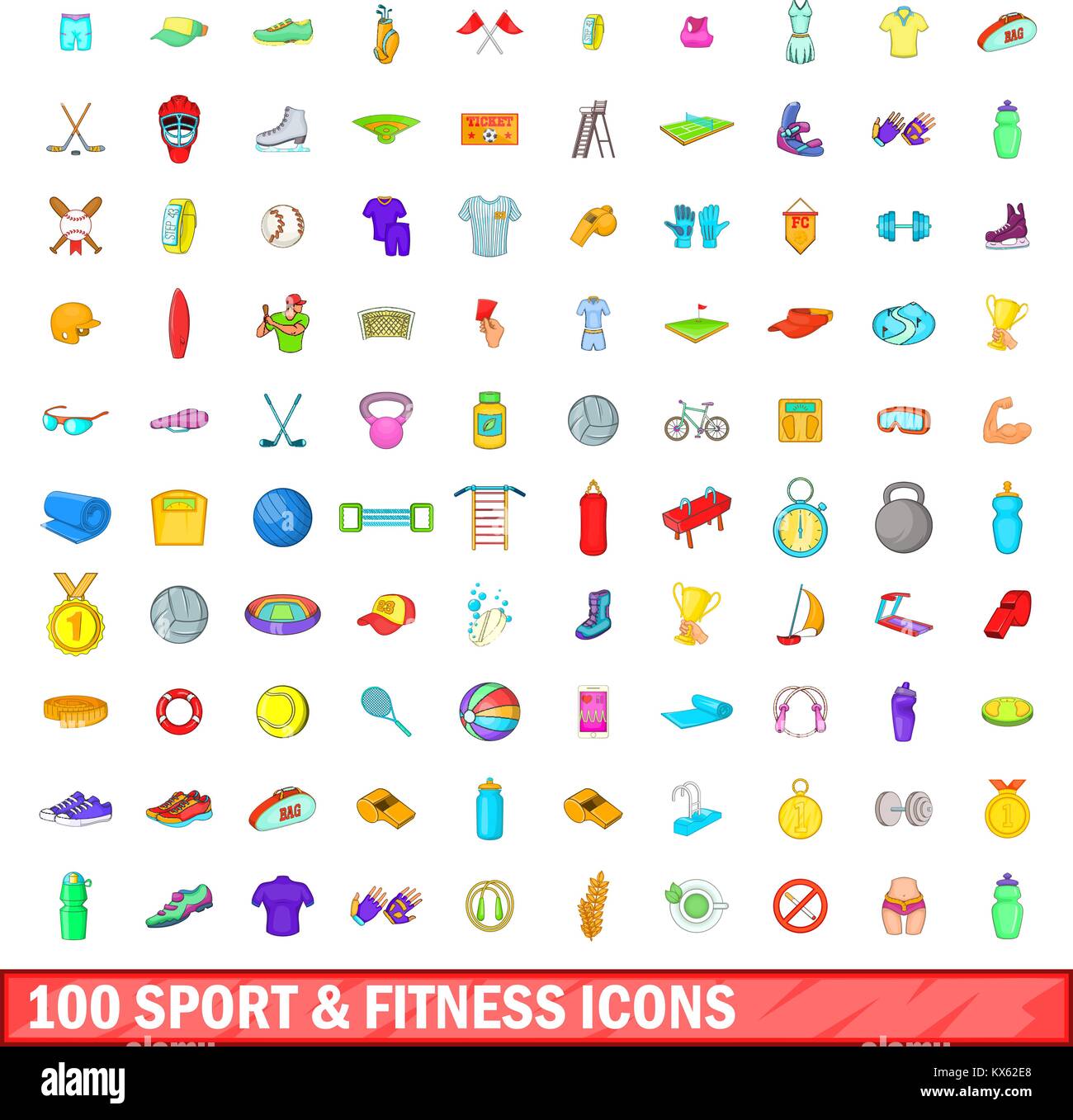 100 sport and fitness icons set, cartoon style Stock Vector Image & Art ...