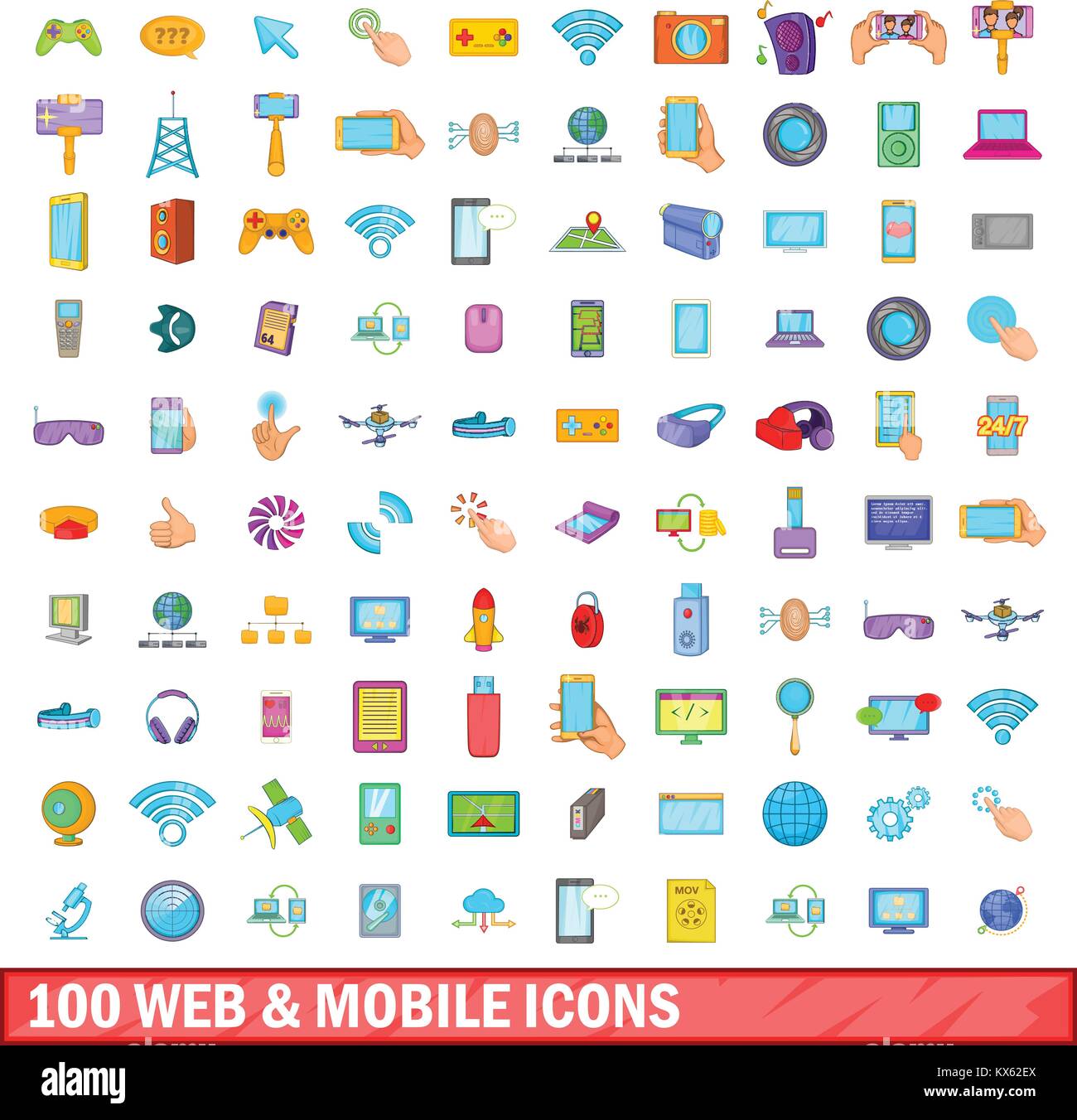 100 web and mobile icons set, cartoon style Stock Vector Image & Art ...