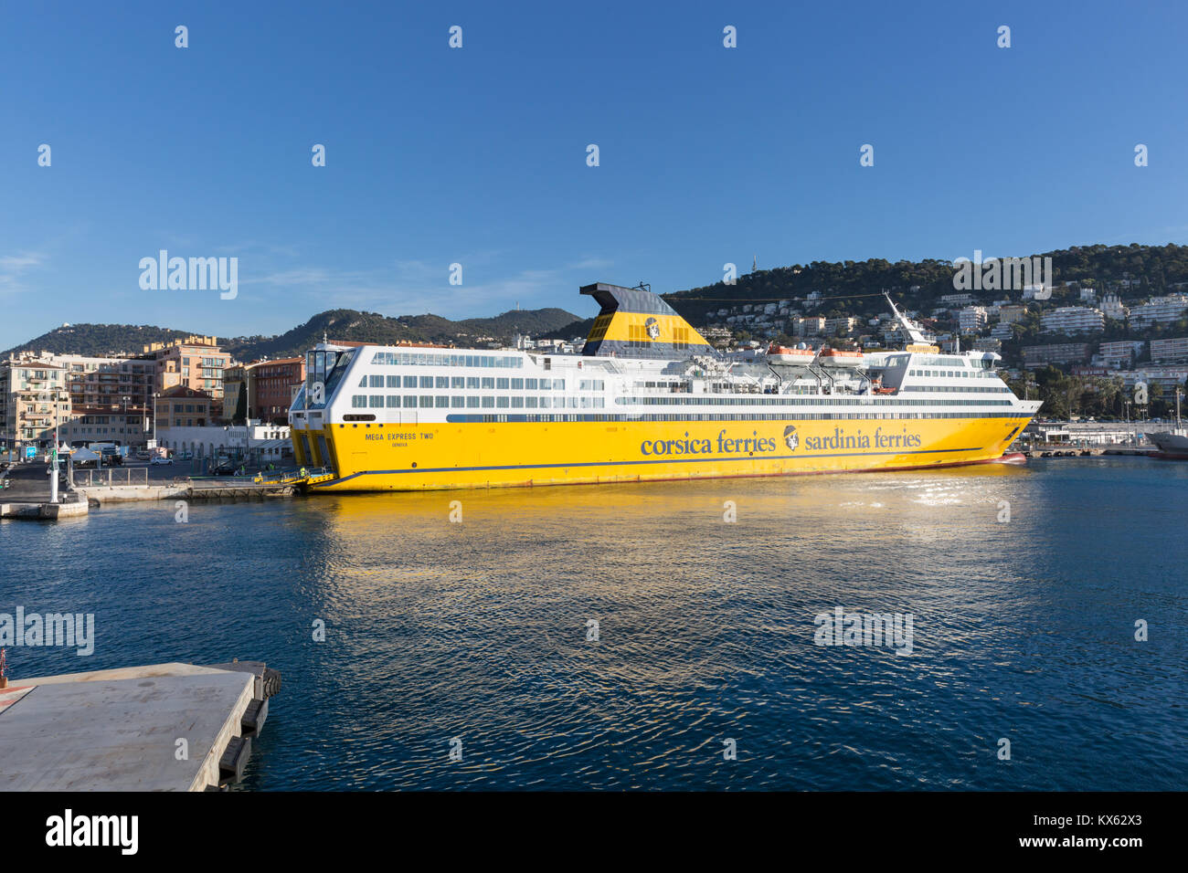 Corsica Sardinia Ferries, large ferry ship anchored in Port Lympia, Port of Nice, Cote d'Azur, France Stock Photo