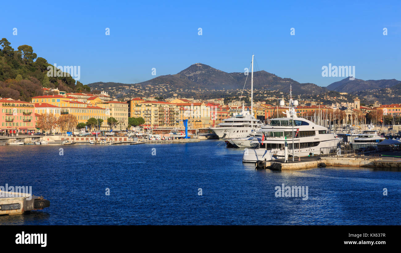 Sailing boats and motor yachts in Port Lympia marina, Port of Nice, Cote d'Azur, French Riviera, France Stock Photo