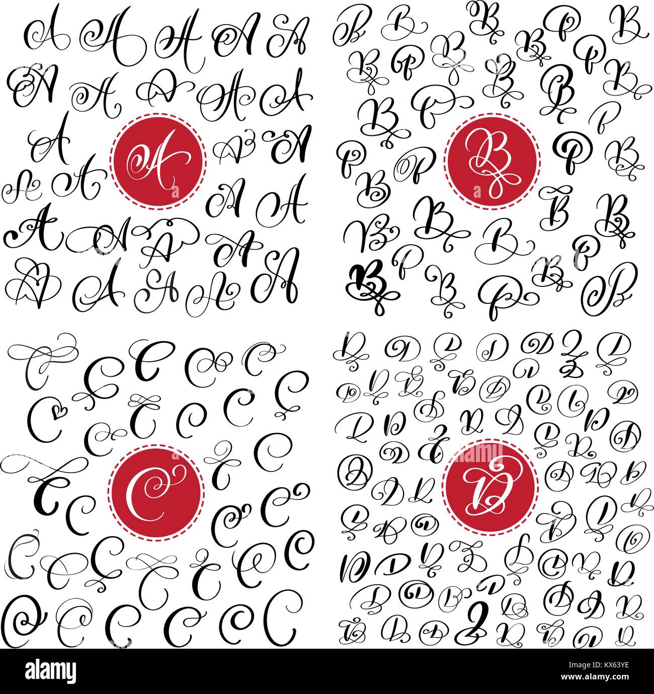 big Set of Hand drawn vector calligraphy letter A, B, C, D. Script font. Isolated letters written with ink. Handwritten brush style. Hand lettering for logos packaging design poster Stock Vector