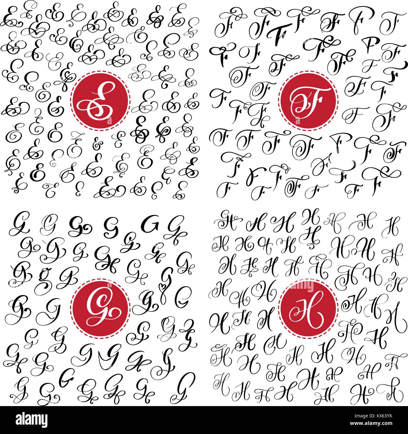 big Set of Hand drawn vector calligraphy letter E, F, G, H. Script font. Isolated letters written with ink. Handwritten brush style. Hand lettering for logos packaging design poster Stock Vector