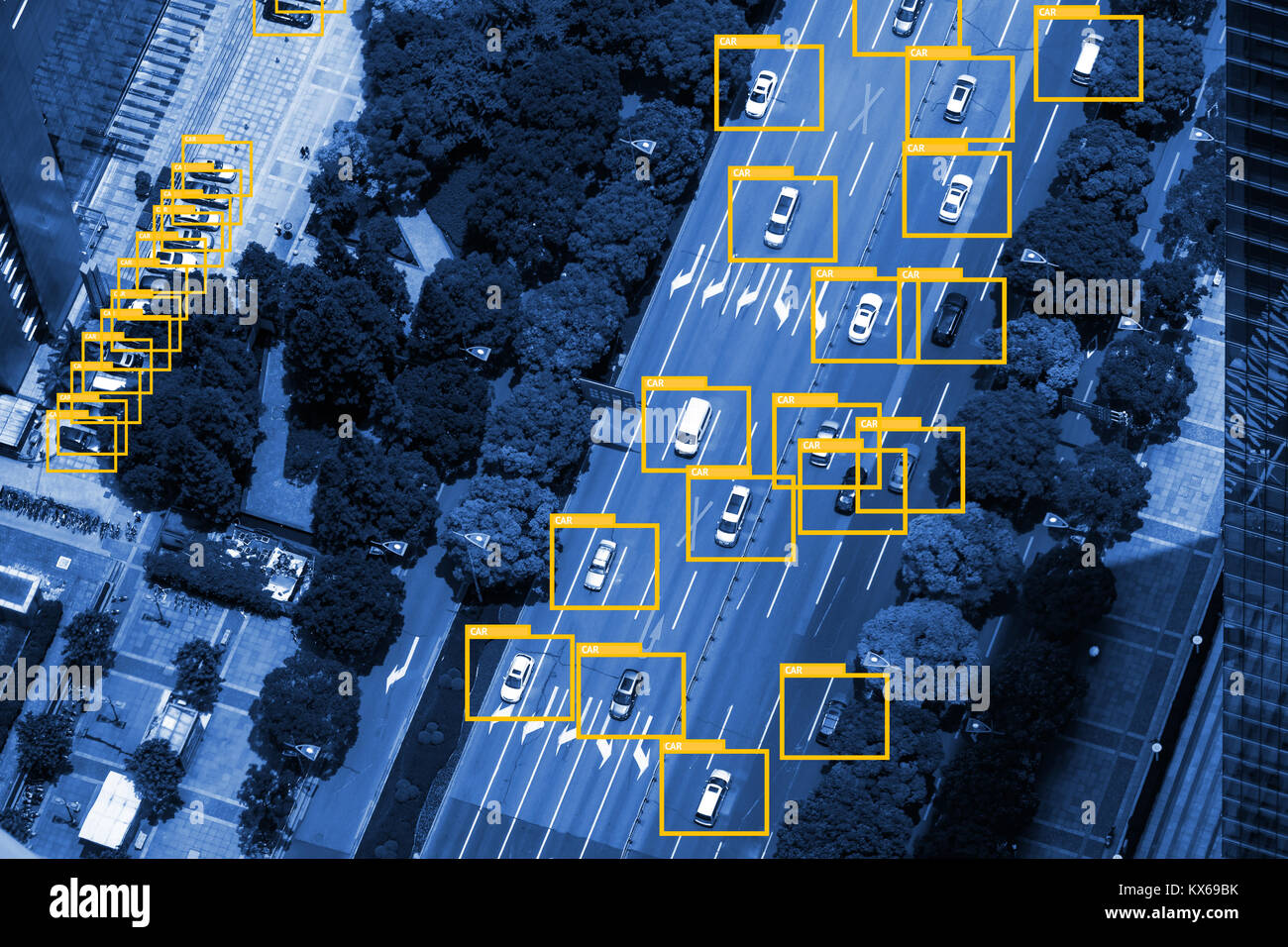 Machine learning analytics identify vehicles technology , Artificial intelligence concept. Software ui analytics and recognition cars vehicles in city Stock Photo
