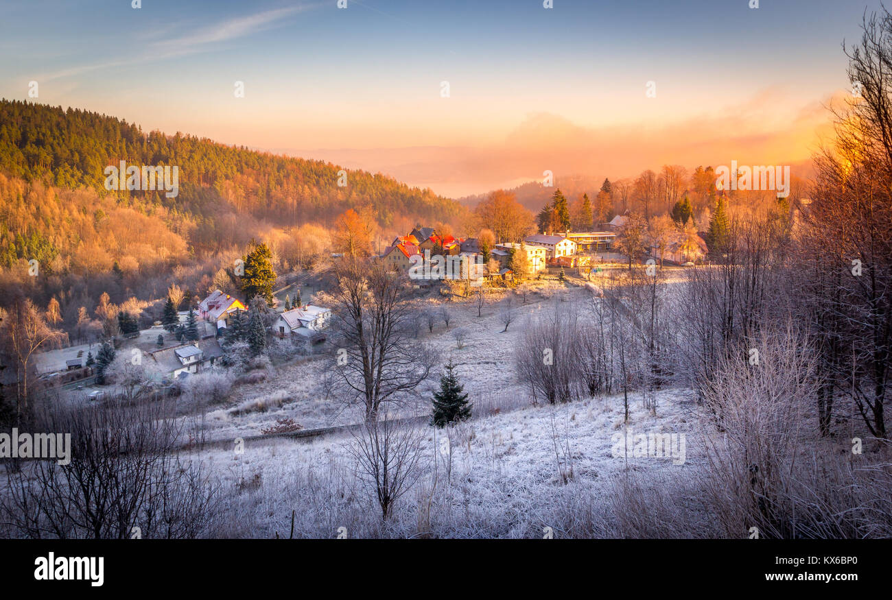 Sunset in the mountain valley Stock Photo - Alamy