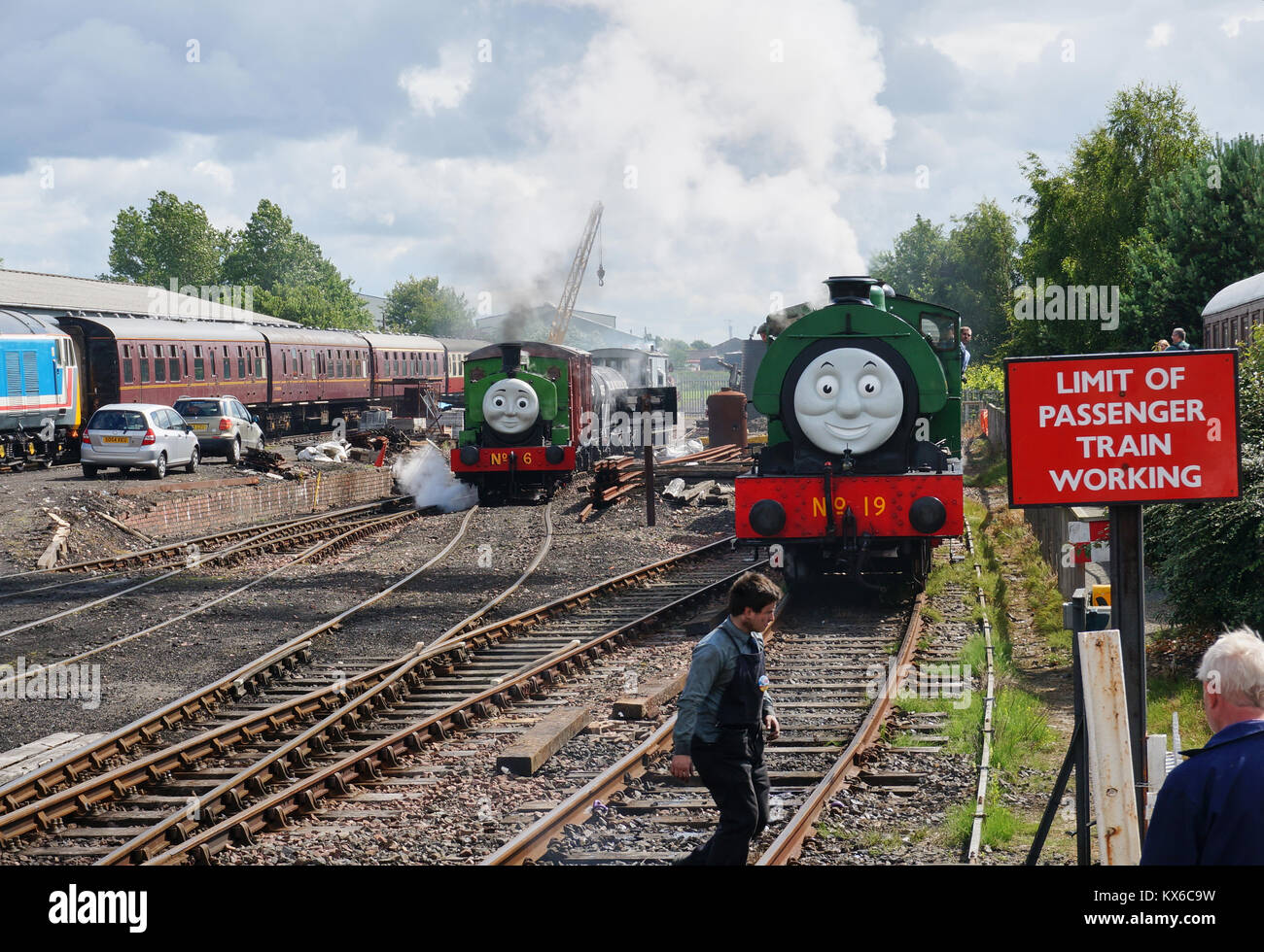 Green steam engines as part of a Thomas and Friends show in Bo'ness, Scotland Stock Photo
