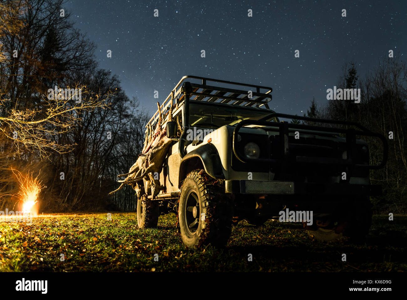 Hunting stretch with roe deer hanging on a off road vehicle Stock Photo