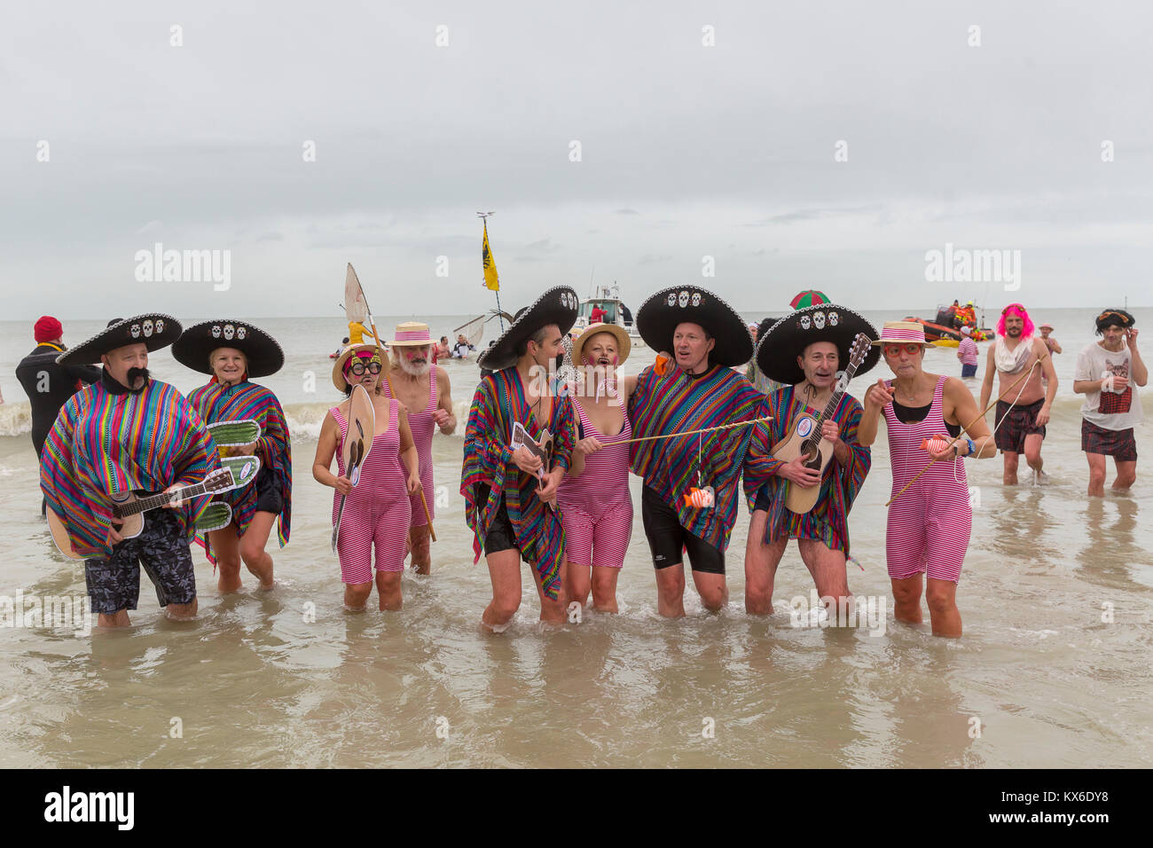 People taking part in the traditional 'Bain de Givres' as part of the New Year's celebrations on January 1, 2018 at Malo-Les-Bains beach in Dunkirk Stock Photo