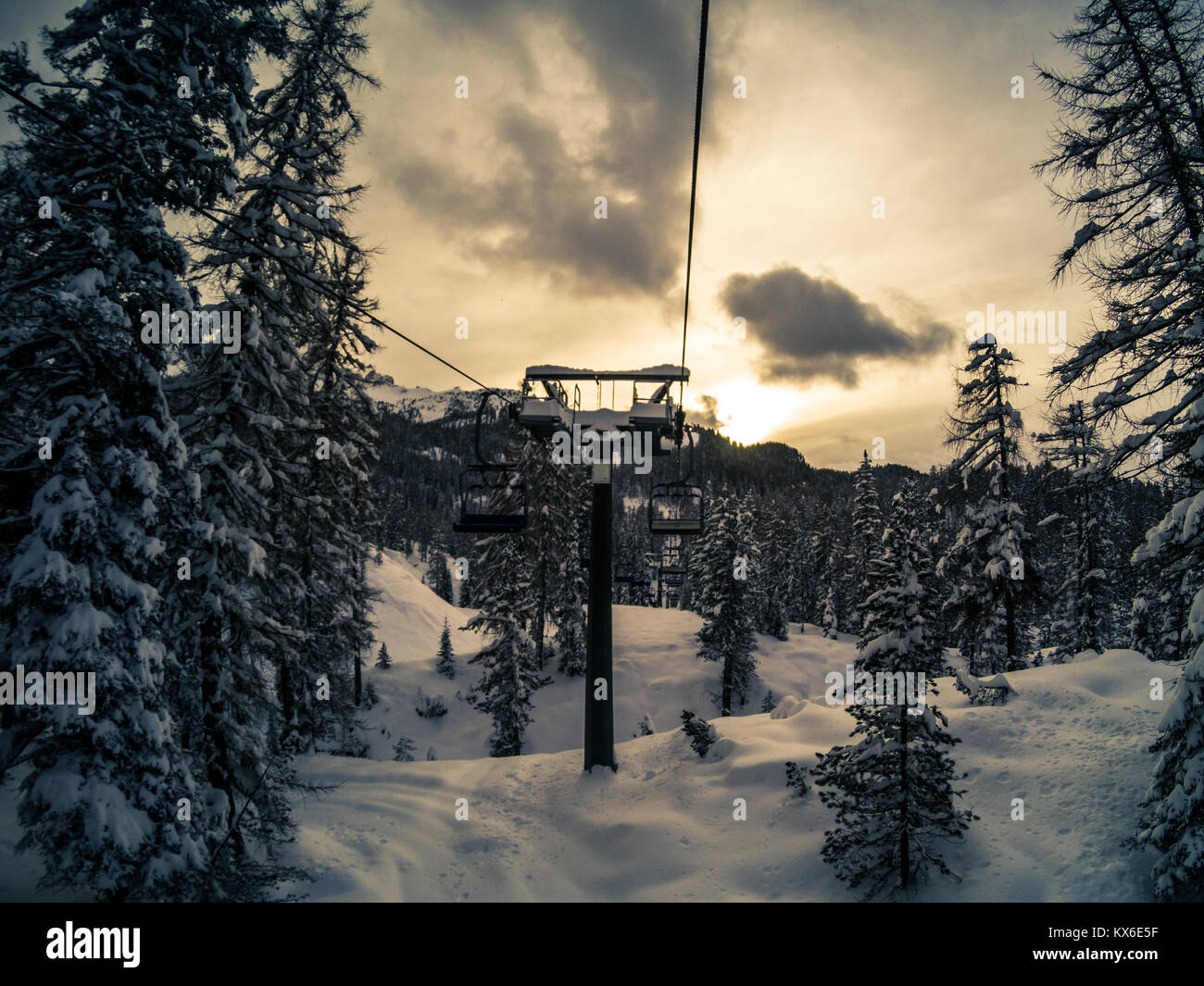 Picture from a chairlift on Mount Faloria after a snowfall at sunset