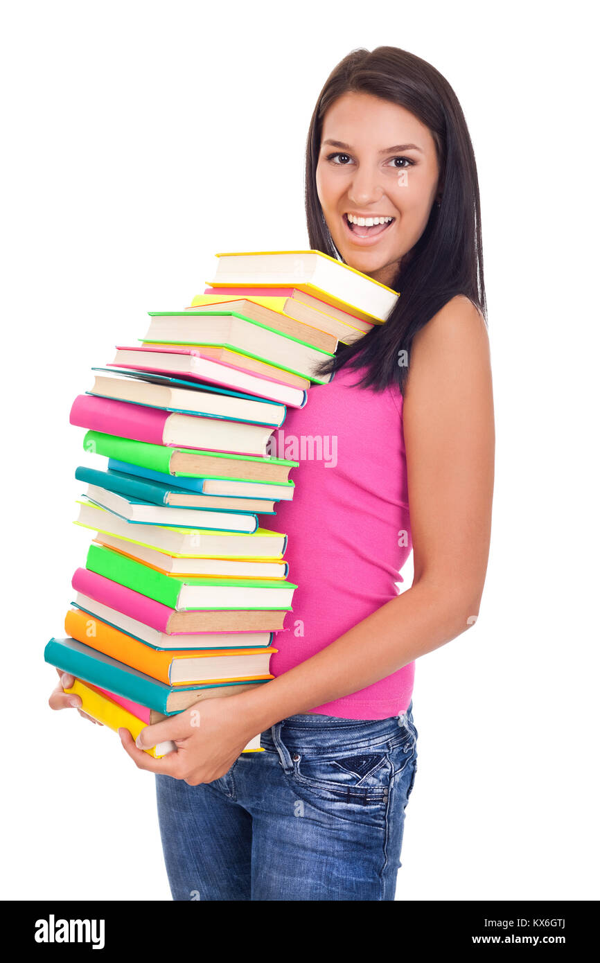 beautiful student girl holding big stack of books Stock Photo - Alamy