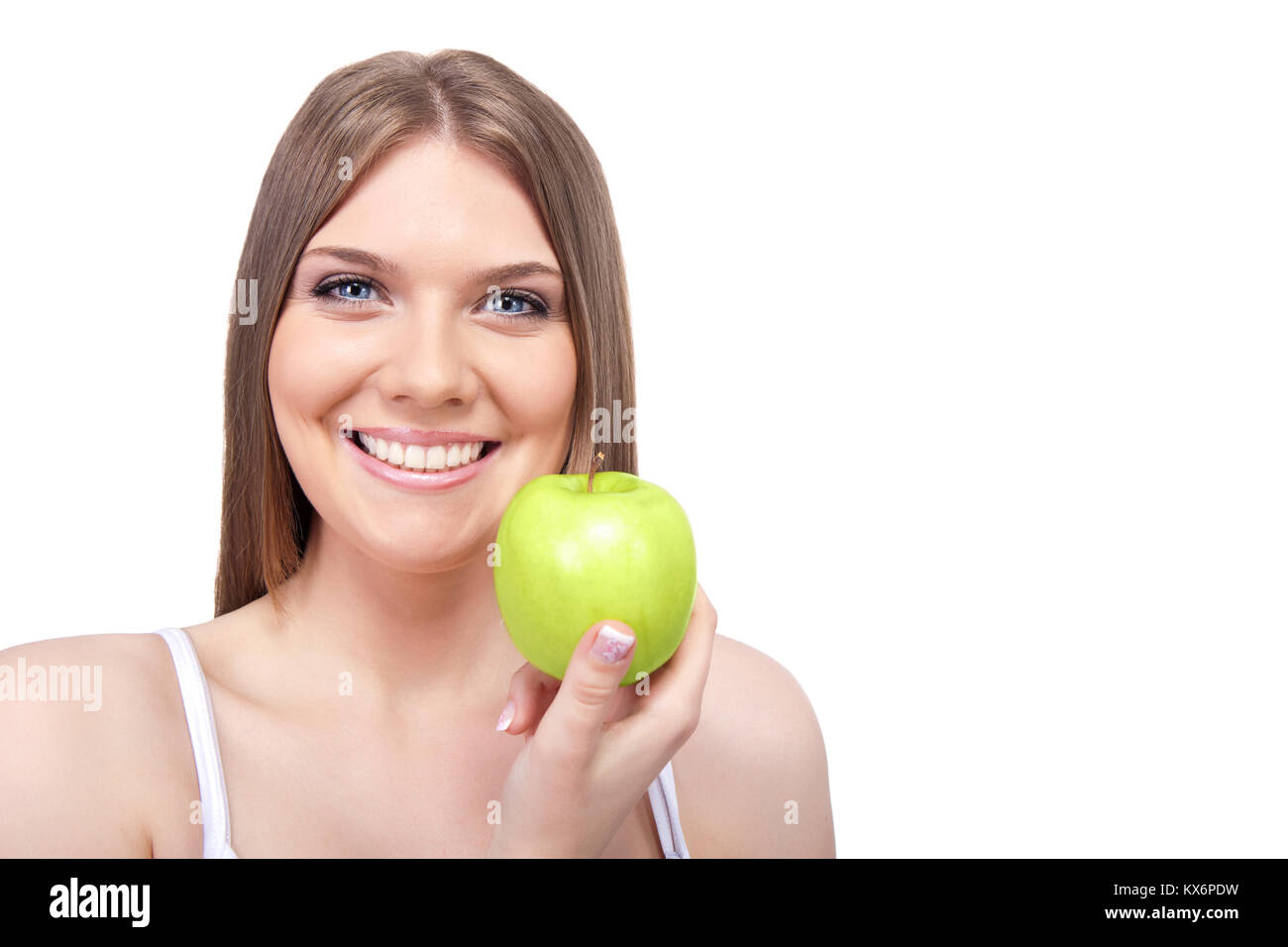 woman with green apple, isolated over white background Stock Photo Alamy