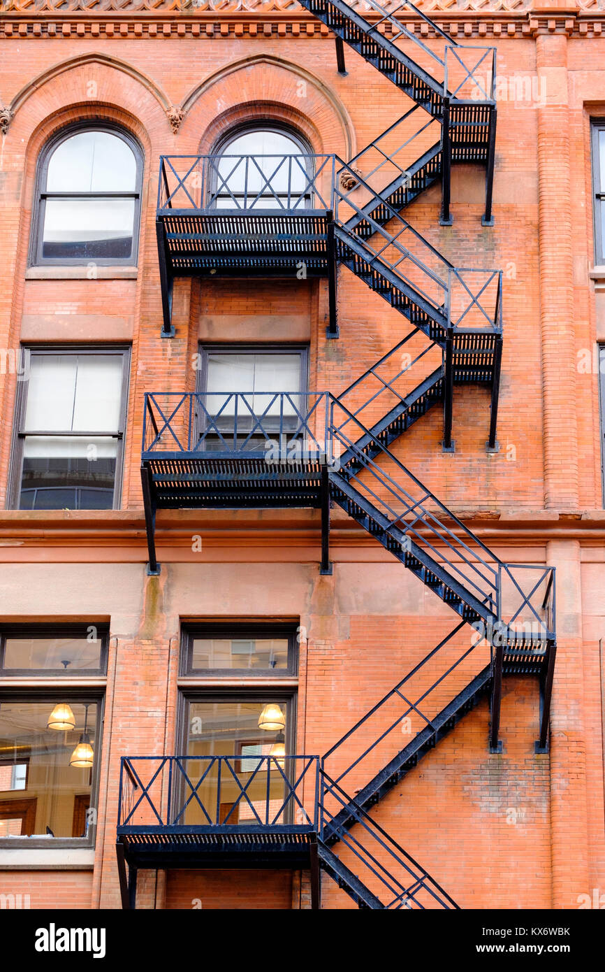 The Gooderham Building, Flatiron Building, downtown Toronto, detail of exterior fire escape stairs, Front Street, Ontario, Canada. Stock Photo