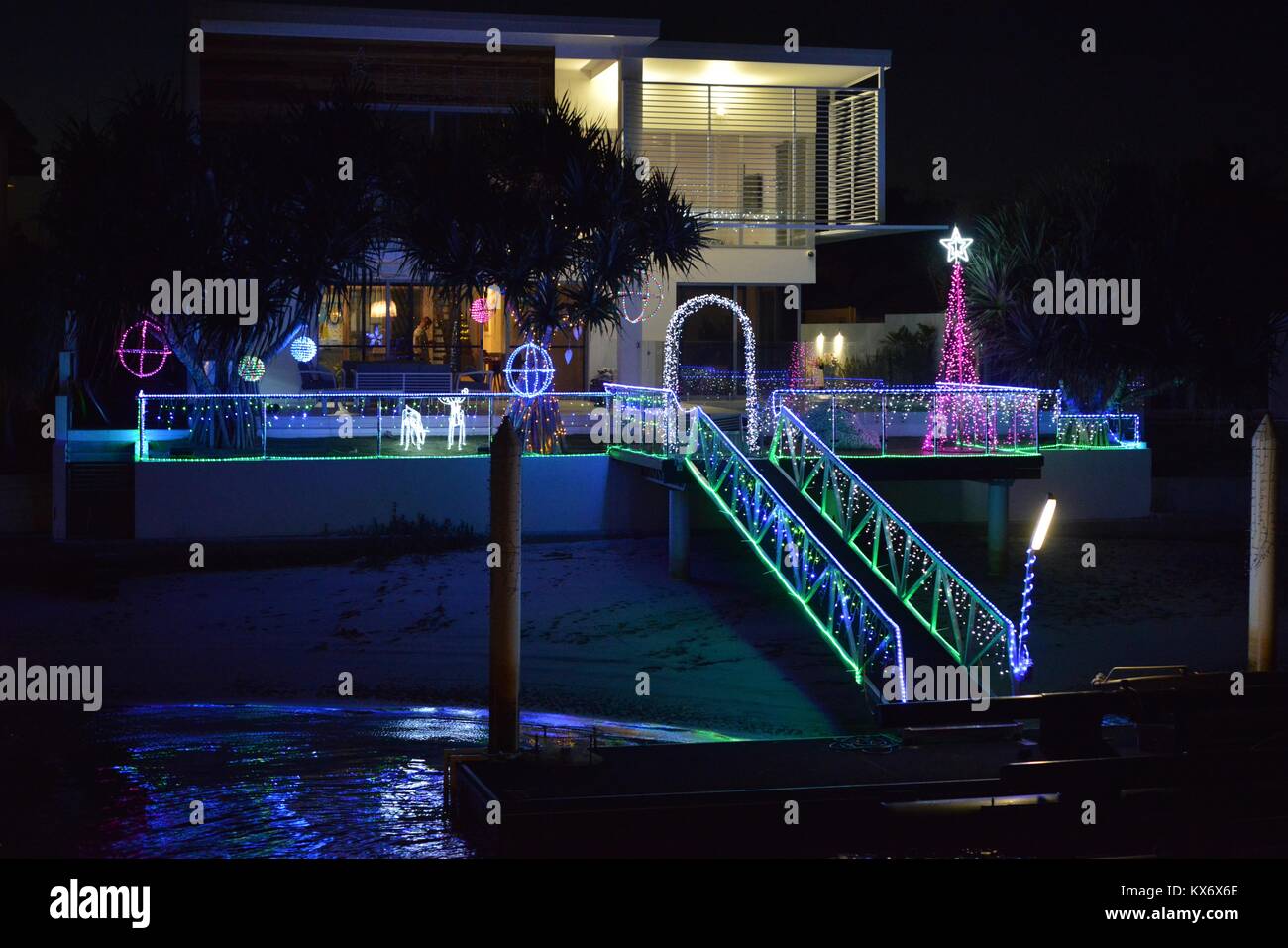 Christmas light displays on the canals of Mooloolaba, Sunshine Coast, Queensland, Australia