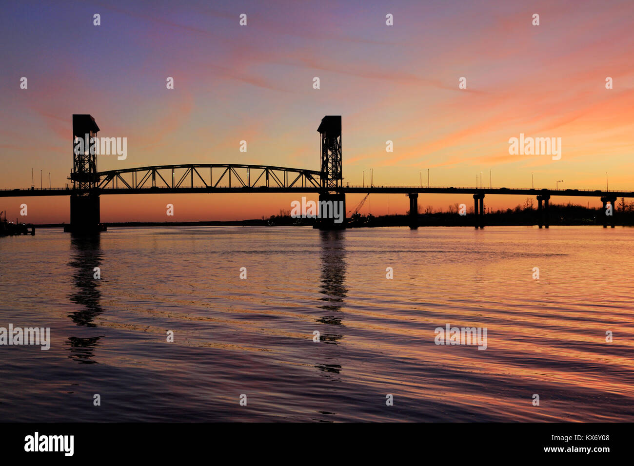 Cape Fear Memorial bridge at sunset, Wilmington, North Carolina Stock Photo