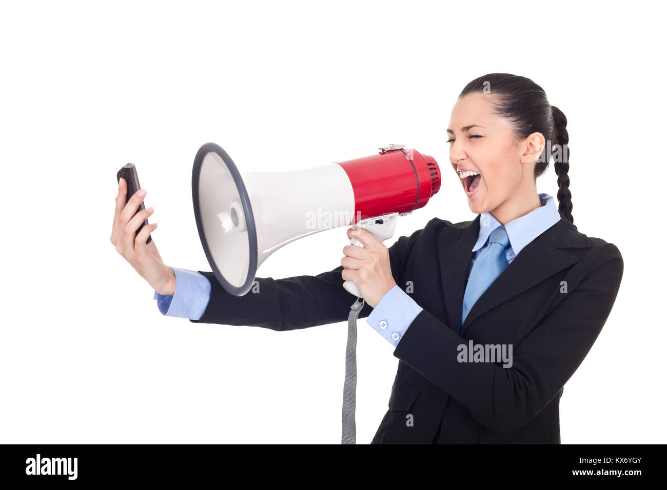 businesswoman yelling on phone through megaphone over white background Stock Photo Alamy