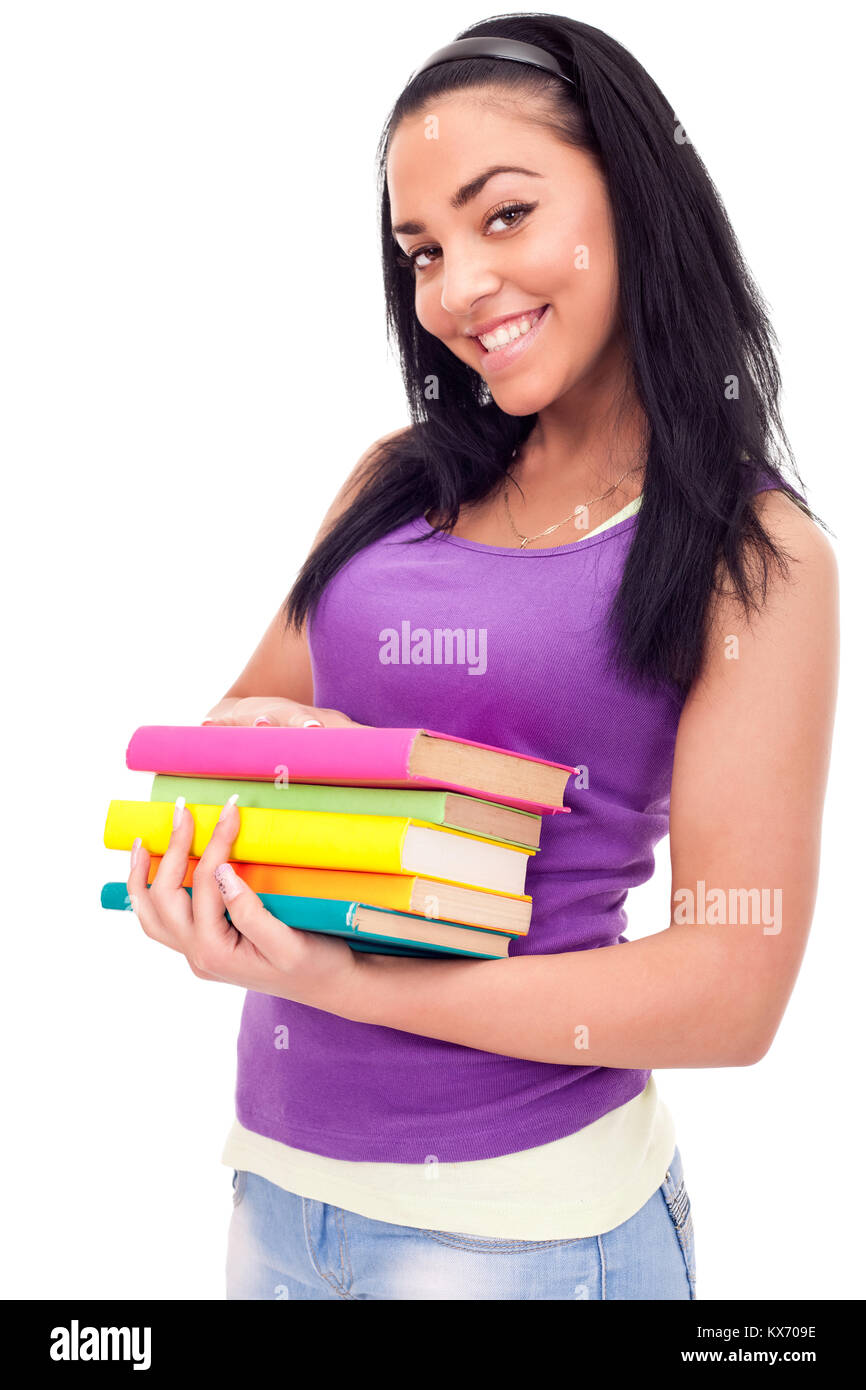smiling student girl with color books, isolated on white background ...
