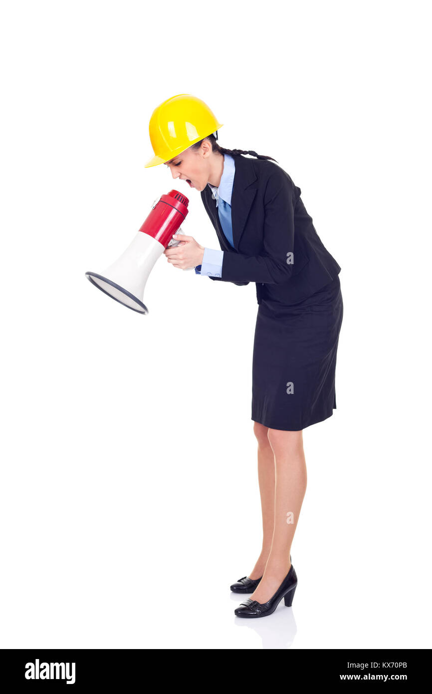 angry engineer or architect with megaphone yelling on employers ...