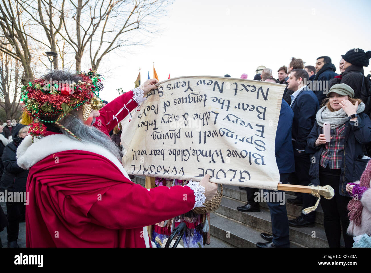 London, UK. 7th Jan, 2018. Mummers from The Lions Part perform near the Globe Theatre in celebration of Twelfth Night, marking the end of the twelve days of winter festivities. Credit: Guy Corbishley/Alamy Live News Stock Photo